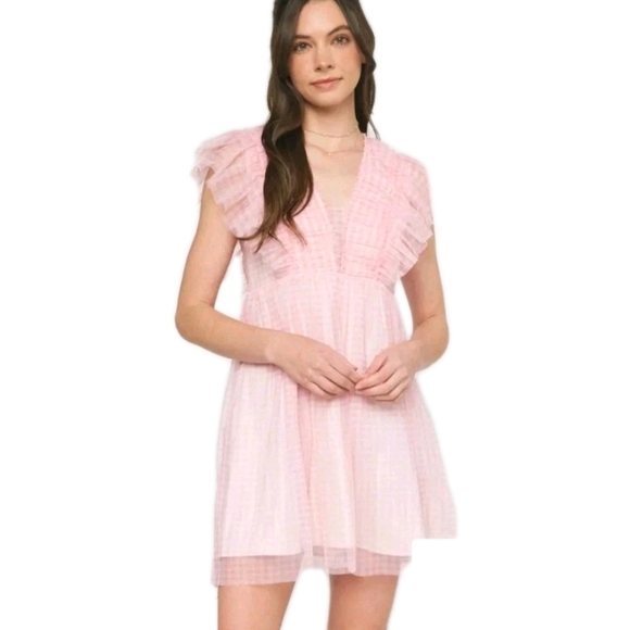 Peasant Dress Large Blue Pink Gingham Ruffled Dress Size Medium Sheer Romantic - Picture 10 of 10